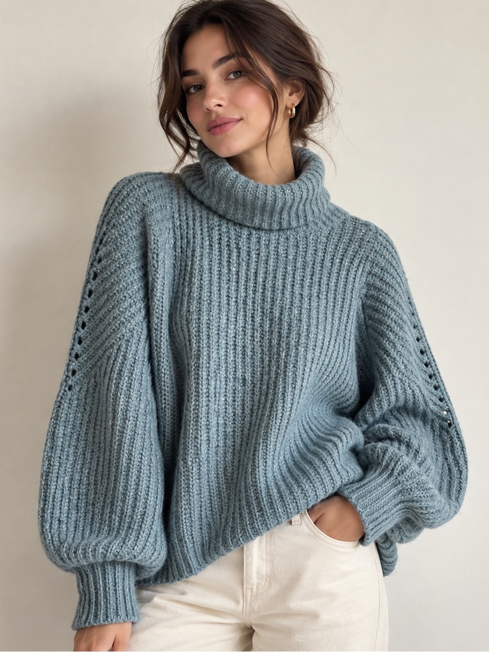 Cynthia Rowley Alpaca Wool Blend Chunky Knit Turtleneck Balloon Sleeve Sweater